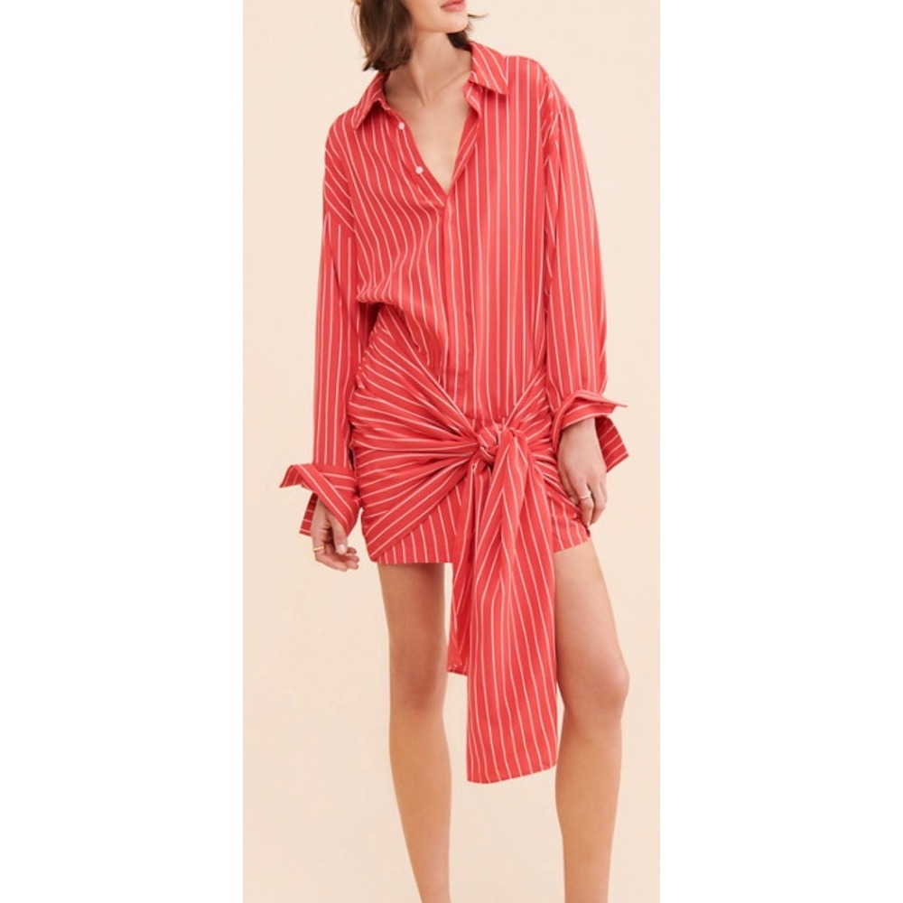 Bardot Red White Striped Front Tie Mini Shirt Dress Long Sleeve Small US 4